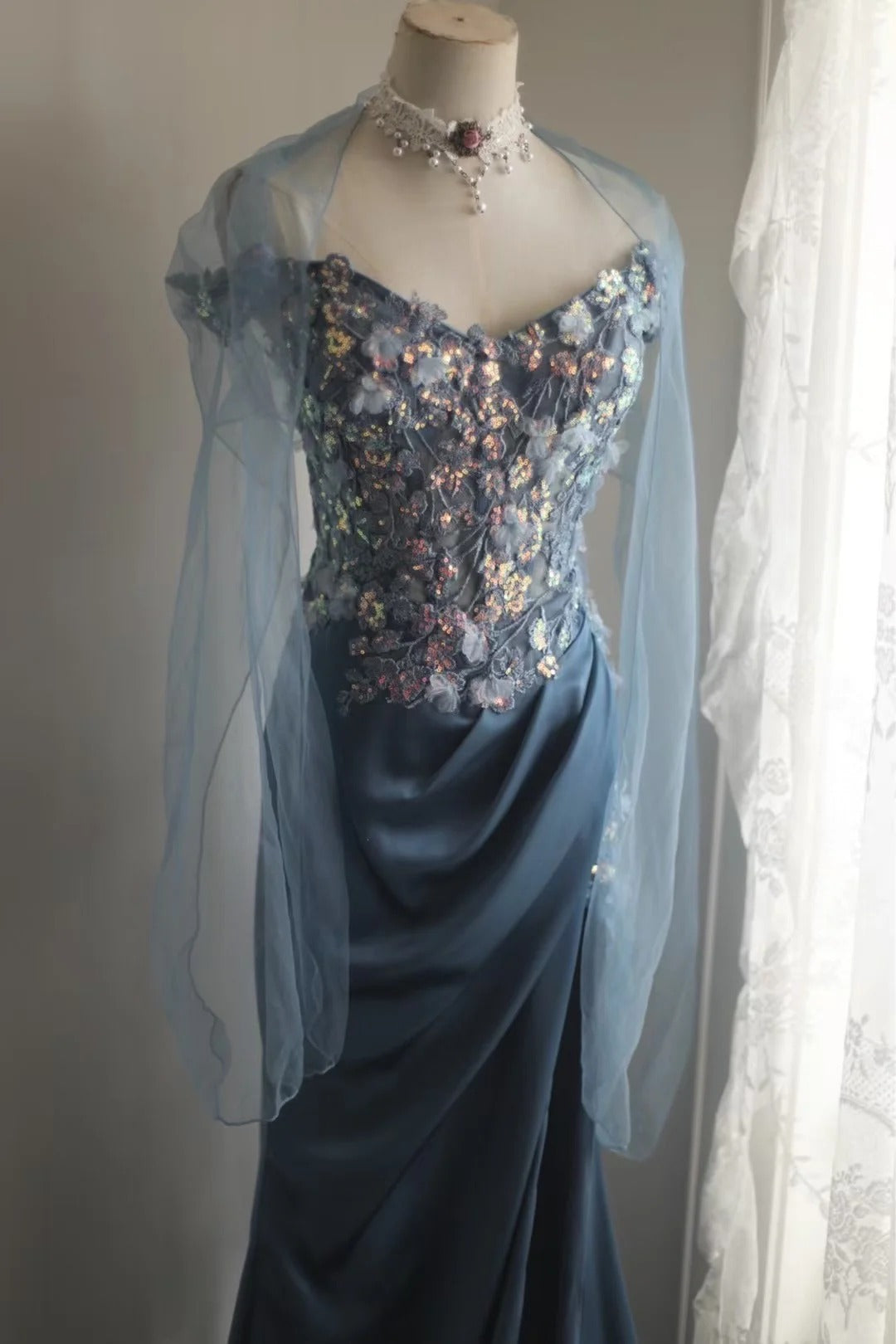 Gorgeous Blue Off-Shoulder Sequined 3D Floral Satin Long Prom Dress Evening Dress P4245