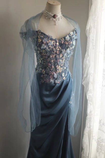 Wunderschönes blaues schulterfreies, paillettenbesetztes langes Ballkleid Abendkleid aus Satin mit 3D-Blumenmuster P4245