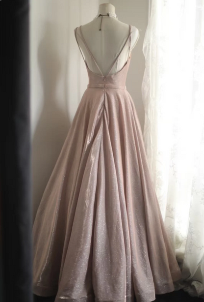 Robe de bal longue évasée rose bonbon à col en V et sequins, robe de soirée, robe de demoiselle d'honneur P4246