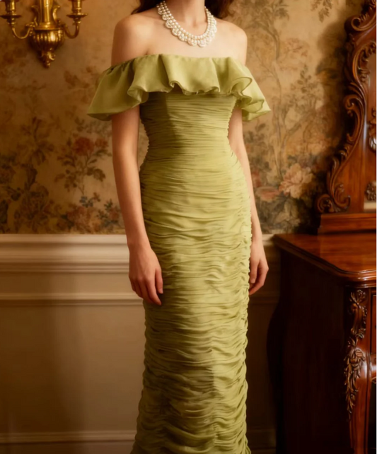 Vintage Green Fitted Off-Shoulder Ruffled Chiffon Long Prom Dress Evening Dress P4247