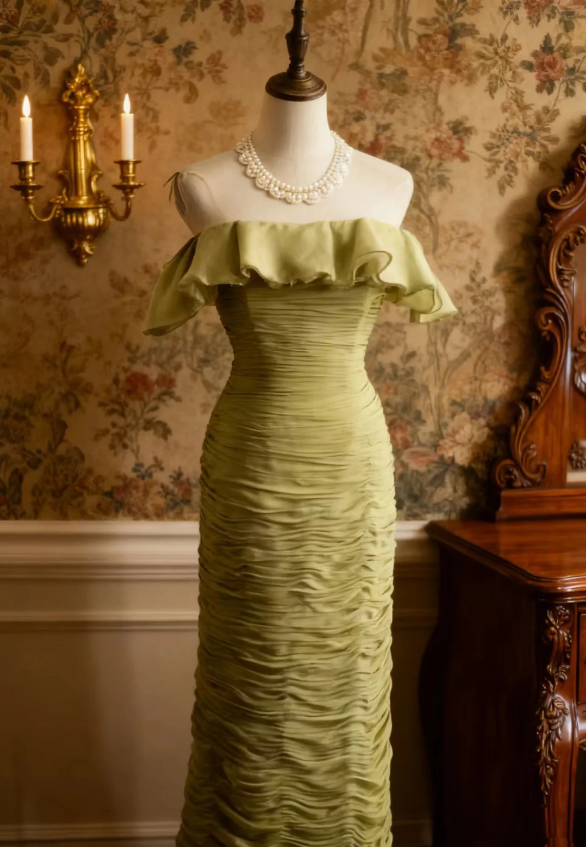 Vintage Green Fitted Off-Shoulder Ruffled Chiffon Long Prom Dress Evening Dress P4247