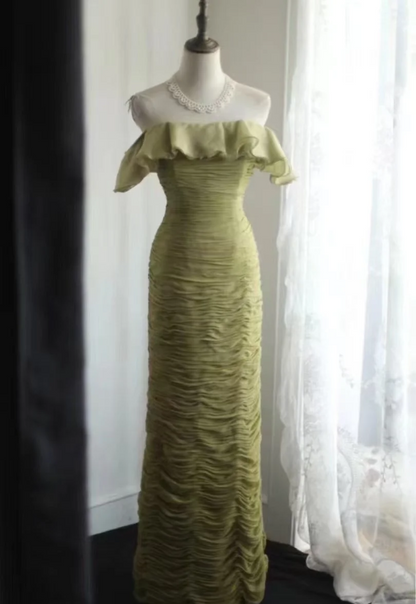 Vintage Grünes Eng Anliegendes Carmen-Rüschen-Chiffon-Maxikleid Abschlussballkleid Abendkleid P4247
