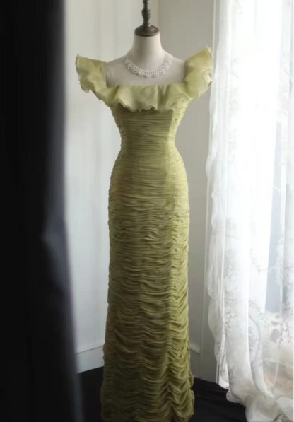 Vintage Grünes Eng Anliegendes Carmen-Rüschen-Chiffon-Maxikleid Abschlussballkleid Abendkleid P4247