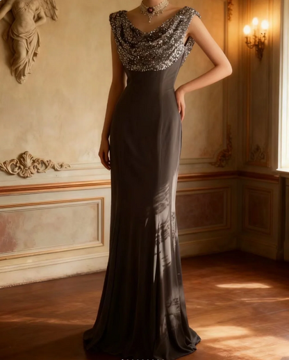 Vintage Meerjungfrau Pailletten Satin Langes Abschlussballkleid Abendkleid P4248