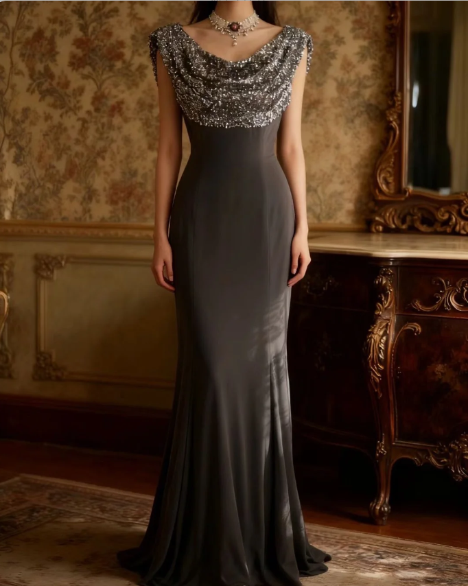 Vintage Black Mermaid Sequin Satin Long Prom Dress Evening Dress P4248