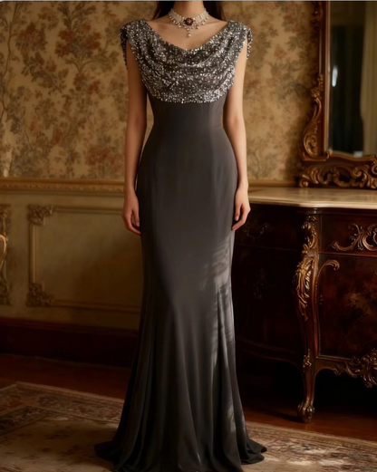 Vintage Meerjungfrau Pailletten Satin Langes Abschlussballkleid Abendkleid P4248