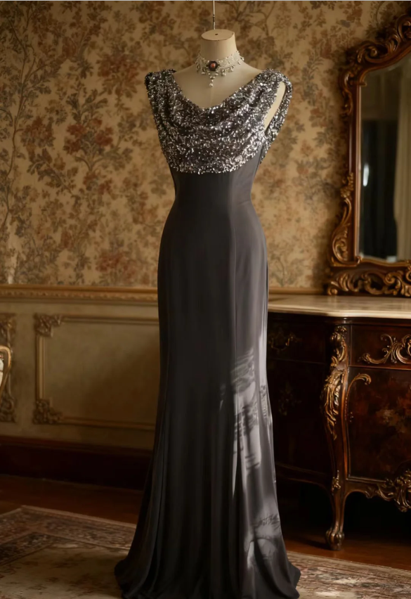 Vintage Black Mermaid Sequin Satin Long Prom Dress Evening Dress P4248