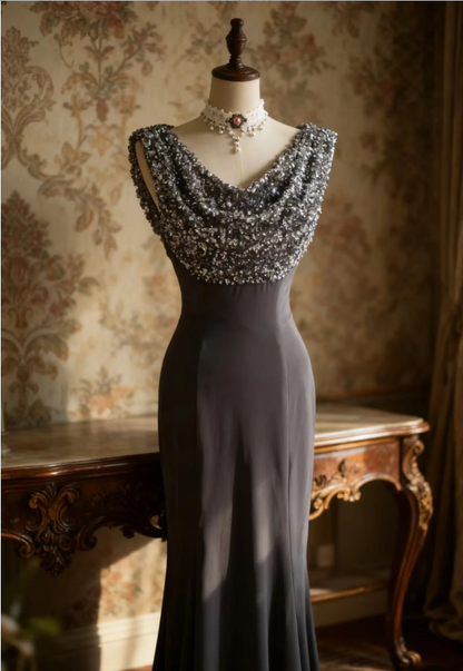 Vintage Meerjungfrau Pailletten Satin Langes Abschlussballkleid Abendkleid P4248