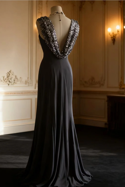 Vintage Meerjungfrau Pailletten Satin Langes Abschlussballkleid Abendkleid P4248