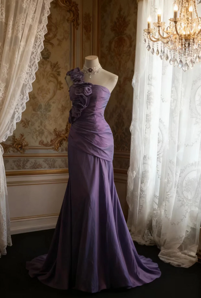 Retro Elegantes Lila 3D Blumenmuster One-Shoulder Meerjungfrau Satin Langes Ballkleid Abendkleid P4249