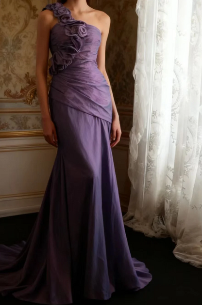 Retro Elegantes Lila 3D Blumenmuster One-Shoulder Meerjungfrau Satin Langes Ballkleid Abendkleid P4249