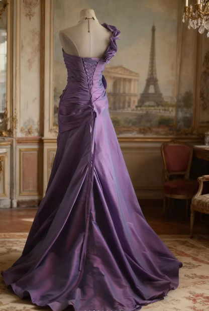 Retro Elegantes Lila 3D Blumenmuster One-Shoulder Meerjungfrau Satin Langes Ballkleid Abendkleid P4249