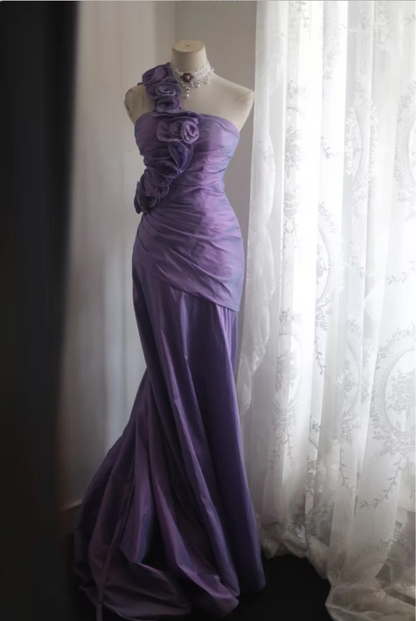 Retro Elegantes Lila 3D Blumenmuster One-Shoulder Meerjungfrau Satin Langes Ballkleid Abendkleid P4249