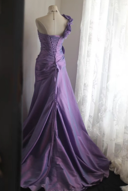 Retro Elegantes Lila 3D Blumenmuster One-Shoulder Meerjungfrau Satin Langes Ballkleid Abendkleid P4249