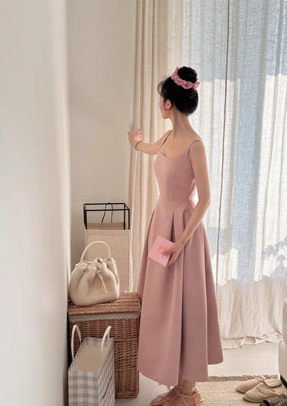 Elegantes rosafarbenes A-Linien-Abendkleid aus Satin mit eckigem Ausschnitt und Spaghettiträgern P4025