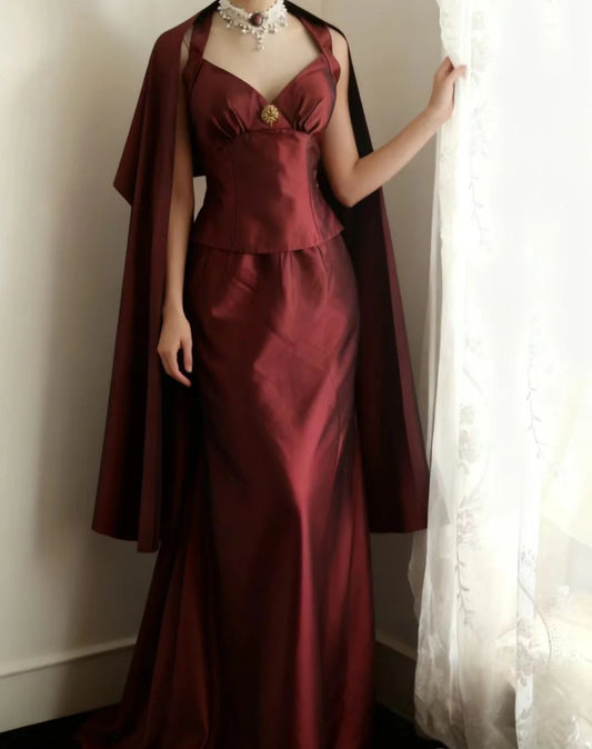 Vintage Burgundy Halter Neck Mermaid Satin Long Prom Dress Evening Dress P4250