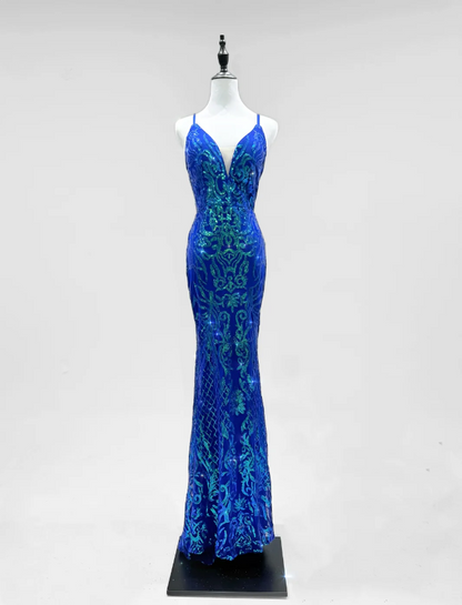 Luxuriöses königsblaues Meerjungfrauen-Abendkleid mit V-Ausschnitt und Pailletten P4251