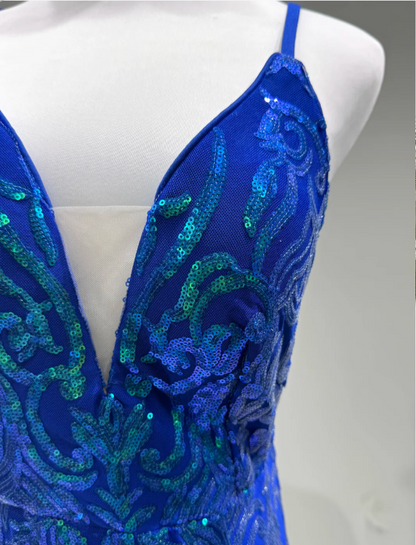 Luxuriöses königsblaues Meerjungfrauen-Abendkleid mit V-Ausschnitt und Pailletten P4251