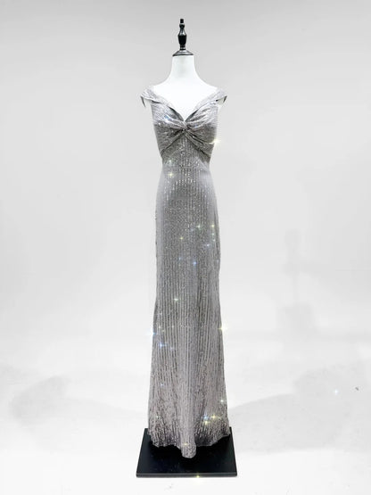 Elegantes graues Meerjungfrau-Abendkleid mit V-Ausschnitt und Pailletten, langes Ballkleid P4252