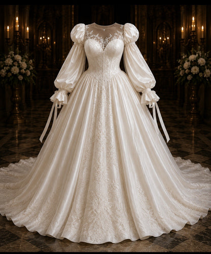 White A-Line Satin Lace Wedding Dress P5015