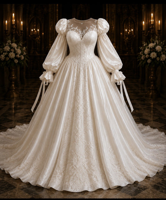 White A-Line Satin Lace Wedding Dress P5015