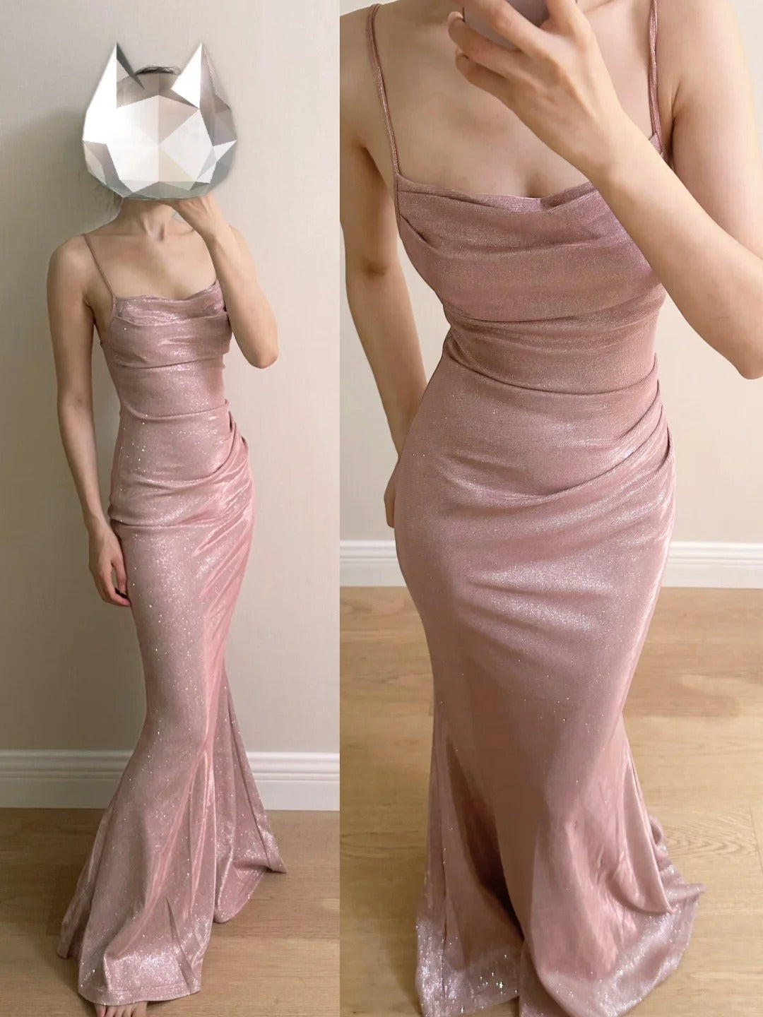 Élégante robe de bal longue rose sirène à bretelles spaghetti scintillante Robe de soirée Robe de demoiselle d'honneur P4253