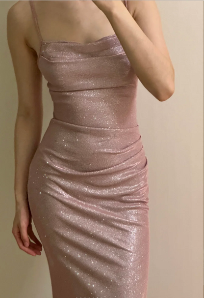Élégante robe de bal longue rose sirène à bretelles spaghetti scintillante Robe de soirée Robe de demoiselle d'honneur P4253