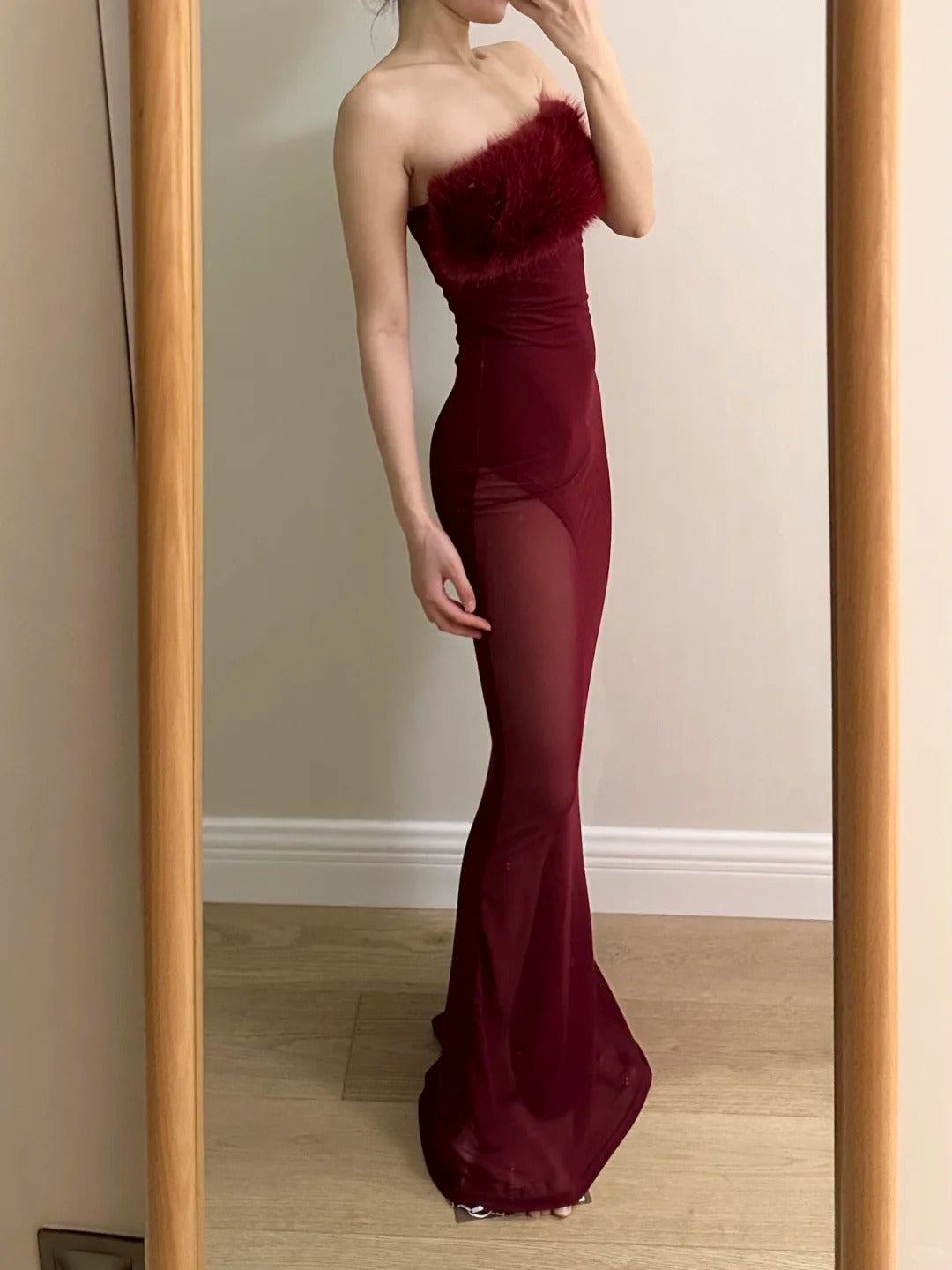 Sexy burgunderrotes Meerjungfrauen-Trägerloses Mesh-Ballkleid Abendkleid P4256