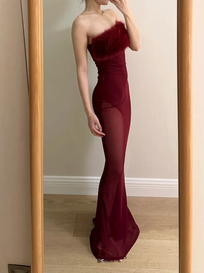 Sexy burgunderrotes Meerjungfrauen-Trägerloses Mesh-Ballkleid Abendkleid P4256