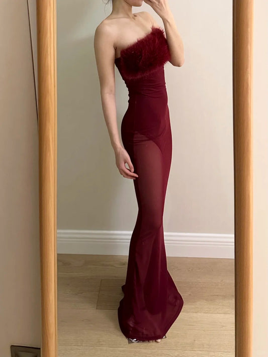 Sexy burgunderrotes Meerjungfrauen-Trägerloses Mesh-Ballkleid Abendkleid P4256