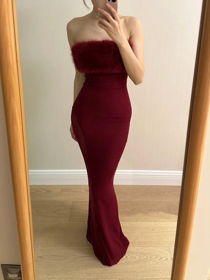 Sexy burgunderrotes Meerjungfrauen-Trägerloses Mesh-Ballkleid Abendkleid P4256