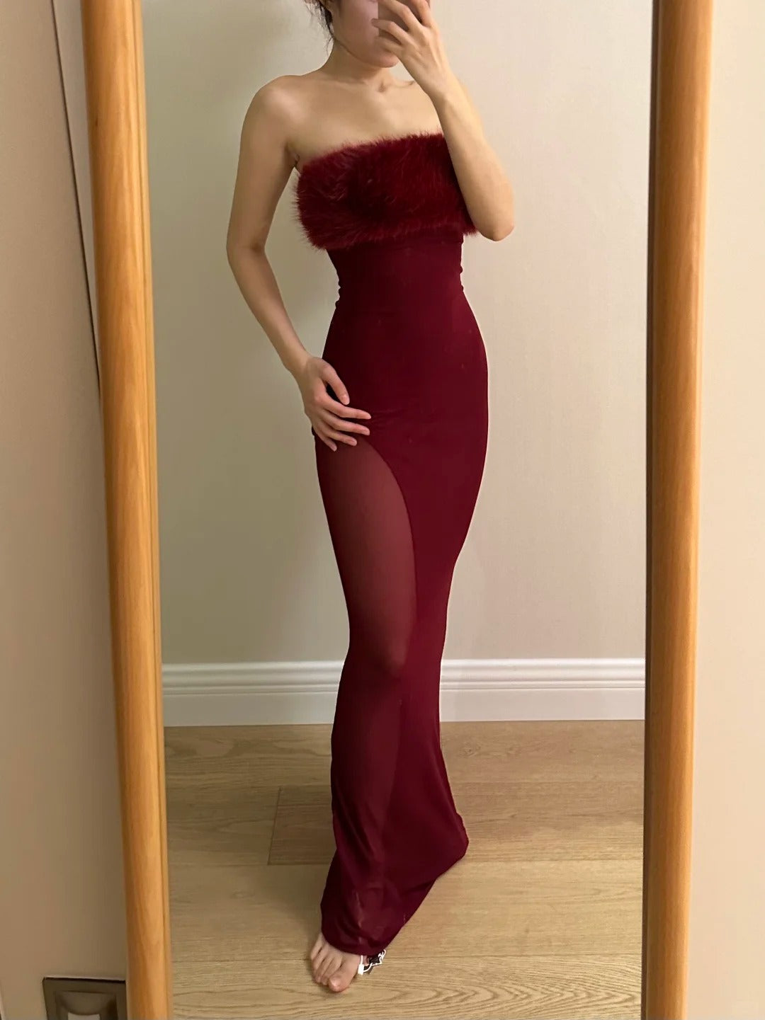Sexy burgunderrotes Meerjungfrauen-Trägerloses Mesh-Ballkleid Abendkleid P4256