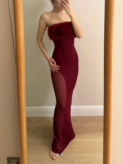 Sexy burgunderrotes Meerjungfrauen-Trägerloses Mesh-Ballkleid Abendkleid P4256