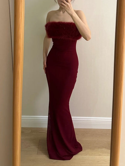Sexy burgunderrotes Meerjungfrauen-Trägerloses Mesh-Ballkleid Abendkleid P4256