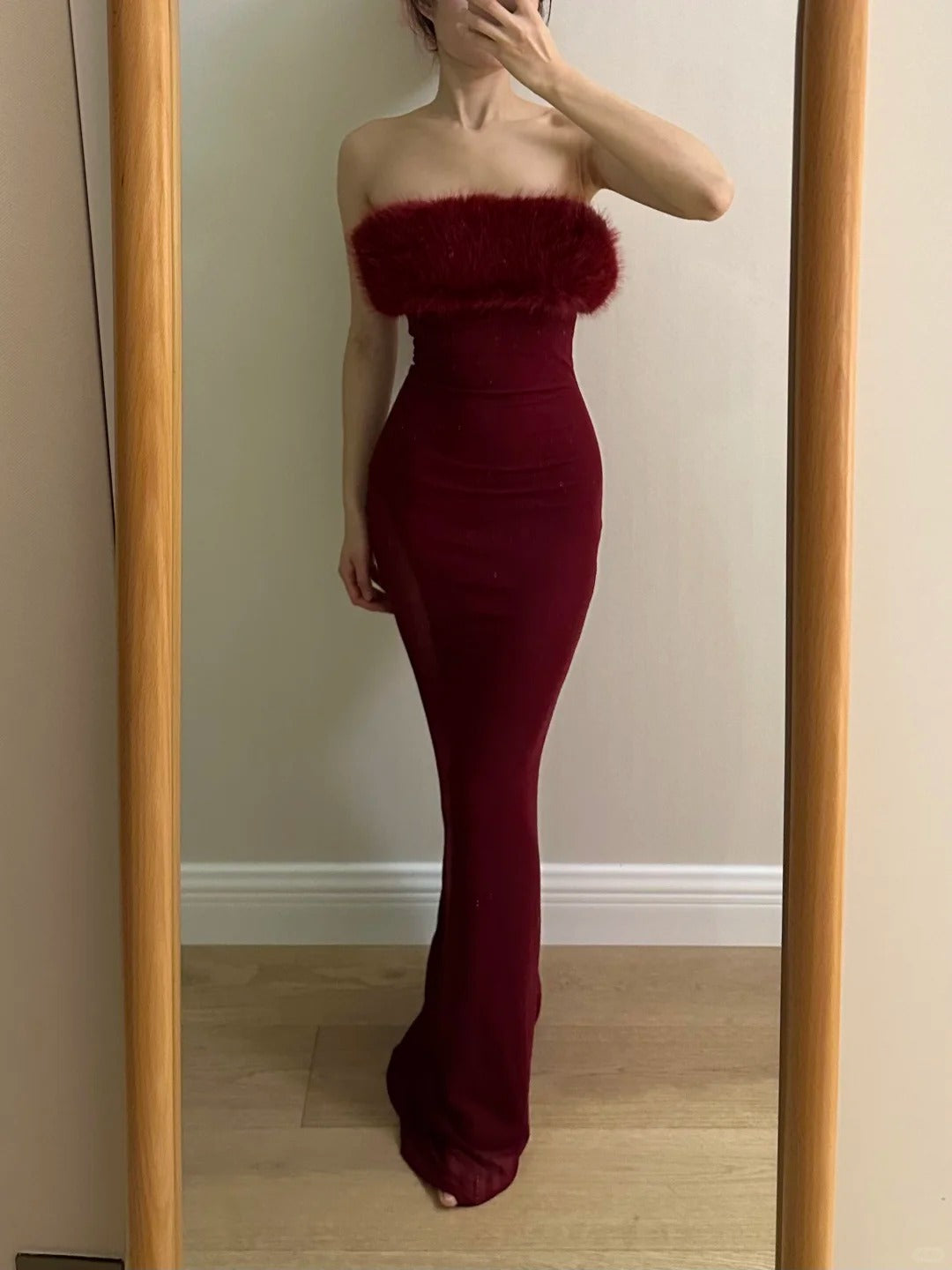 Sexy burgunderrotes Meerjungfrauen-Trägerloses Mesh-Ballkleid Abendkleid P4256