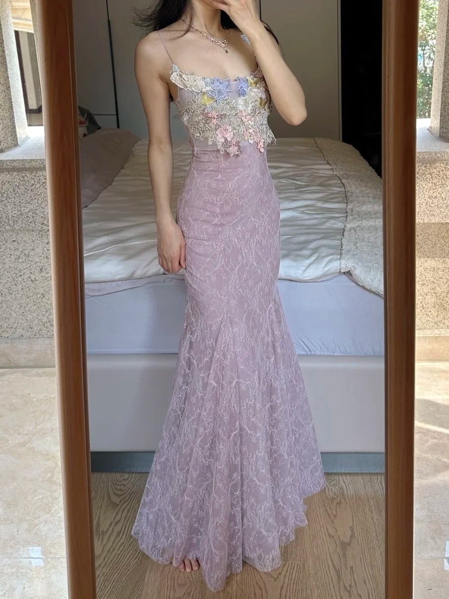 Elegantes hellviolettes Meerjungfrauenkleid mit eckigem Ausschnitt, 3D-Blumen-Spitze, langes Ballkleid, Abendkleid P4258
