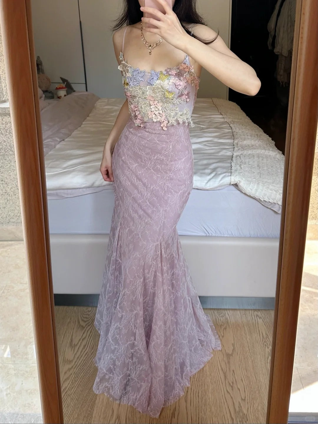 Elegantes hellviolettes Meerjungfrauenkleid mit eckigem Ausschnitt, 3D-Blumen-Spitze, langes Ballkleid, Abendkleid P4258