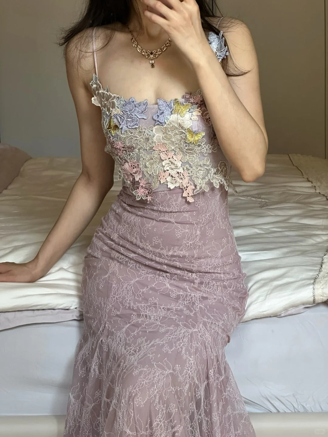 Elegantes hellviolettes Meerjungfrauenkleid mit eckigem Ausschnitt, 3D-Blumen-Spitze, langes Ballkleid, Abendkleid P4258