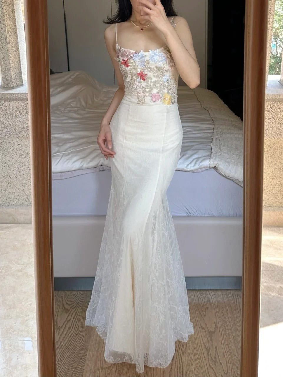 Elegantes hellviolettes Meerjungfrauenkleid mit eckigem Ausschnitt, 3D-Blumen-Spitze, langes Ballkleid, Abendkleid P4258