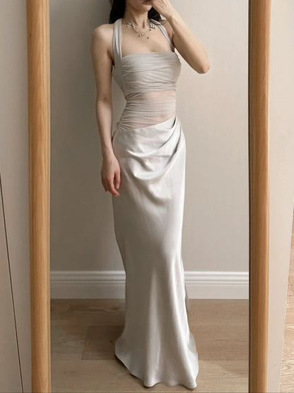 Elegantes graues Meerjungfrauenkleid mit Neckholder, eckigem Ausschnitt, Satin und Tüll, langes Ballkleid Abendkleid P4259