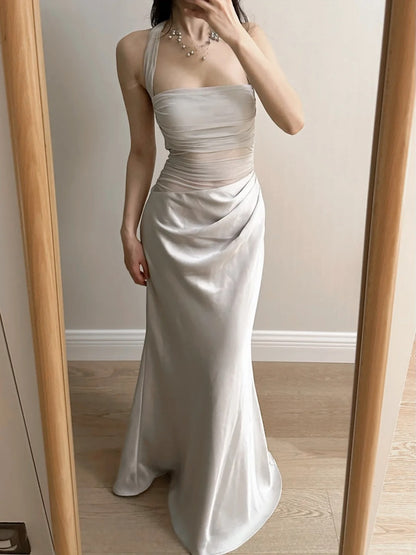 Elegantes graues Meerjungfrauenkleid mit Neckholder, eckigem Ausschnitt, Satin und Tüll, langes Ballkleid Abendkleid P4259