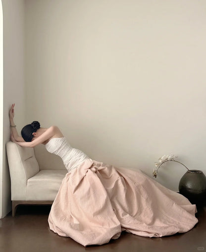 Elegantes und retro pink-weißes, asymmetrisches Tüll-Abendkleid / Ballkleid / HochzeitskleidP4026