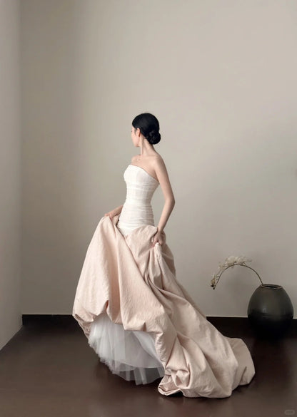 Elegantes und retro pink-weißes, asymmetrisches Tüll-Abendkleid / Ballkleid / HochzeitskleidP4026
