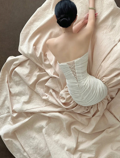 Elegantes und retro pink-weißes, asymmetrisches Tüll-Abendkleid / Ballkleid / HochzeitskleidP4026