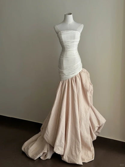 Elegantes und retro pink-weißes, asymmetrisches Tüll-Abendkleid / Ballkleid / HochzeitskleidP4026