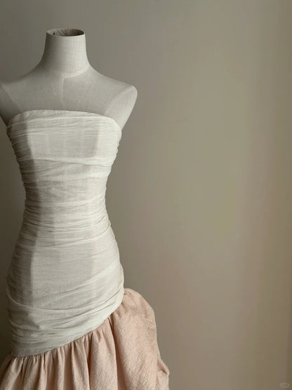 Elegantes und retro pink-weißes, asymmetrisches Tüll-Abendkleid / Ballkleid / HochzeitskleidP4026