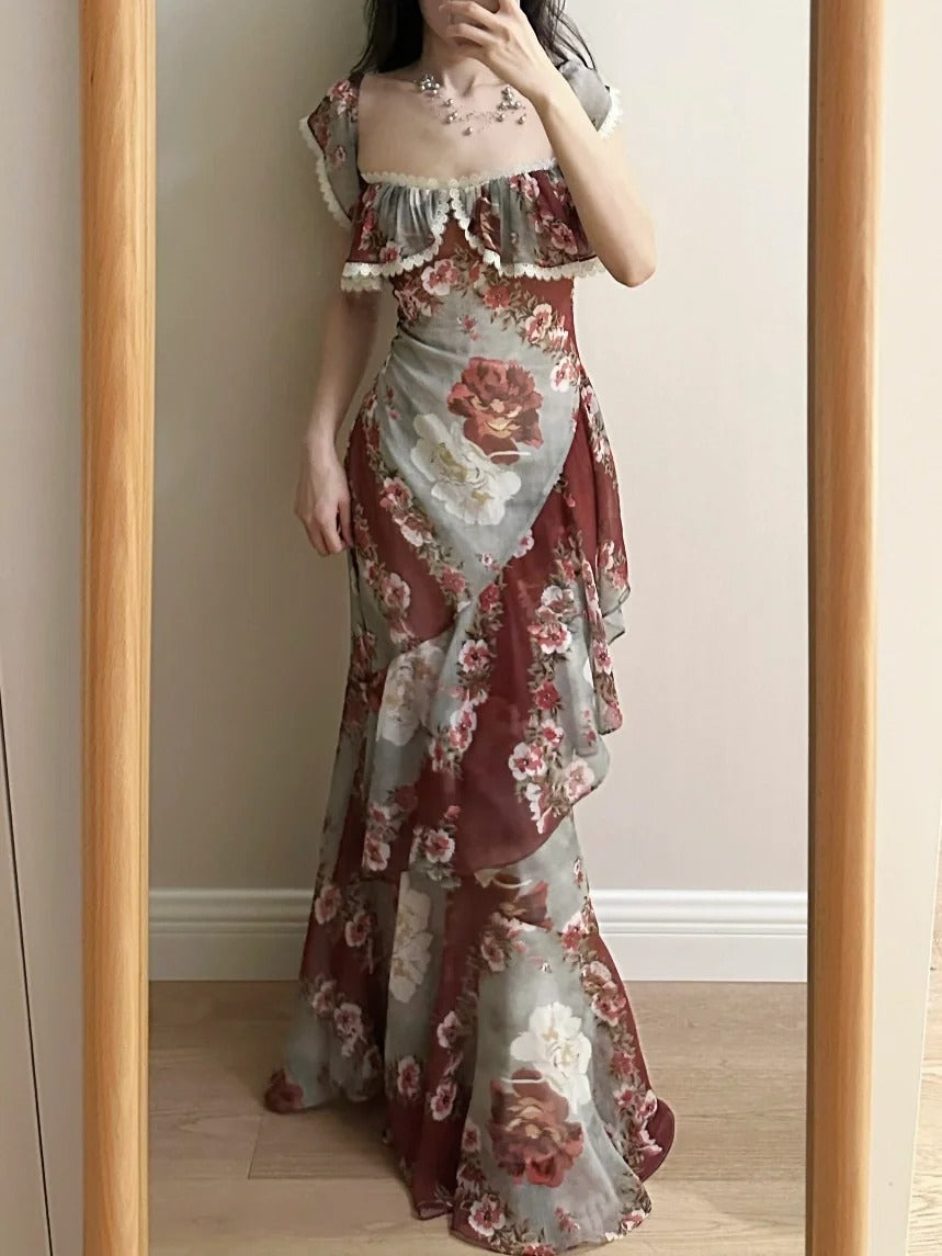 Retro Meerjungfrau-Druck Rüschen Chiffon Langes Ballkleid Abendkleid P4260