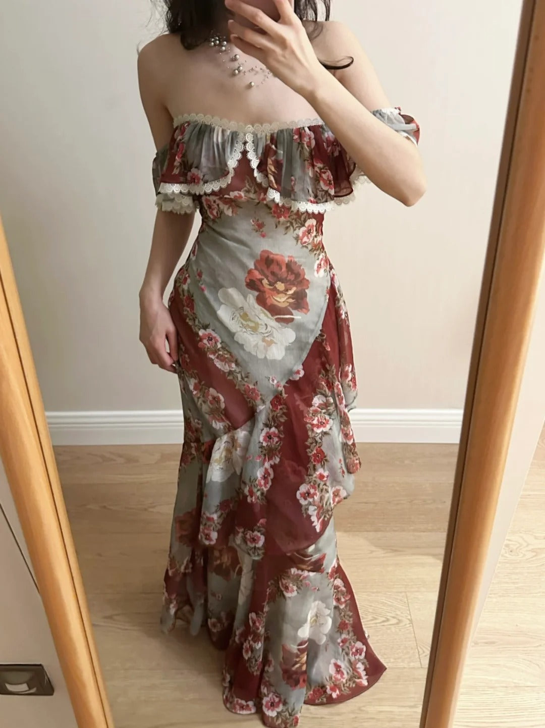 Retro Meerjungfrau-Druck Rüschen Chiffon Langes Ballkleid Abendkleid P4260
