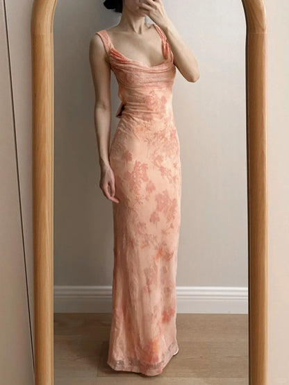 Süßes rosa Meerjungfrau rückenfreies Schleifendruck Chiffon langes Ballkleid Abendkleid P4261