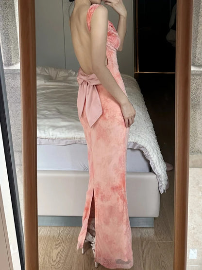 Süßes rosa Meerjungfrau rückenfreies Schleifendruck Chiffon langes Ballkleid Abendkleid P4261